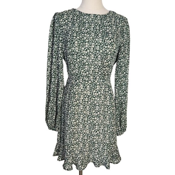 Lulus Green Floral Print Blooming Darlin Ruffled Mini Dress Womens Size M - Picture 1 of 15